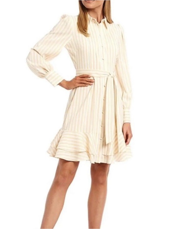 Alex Marie Dresses & Skirts - Alex Marie Cream Striped Button-Front Tie-Waist Long Sleeve Dress